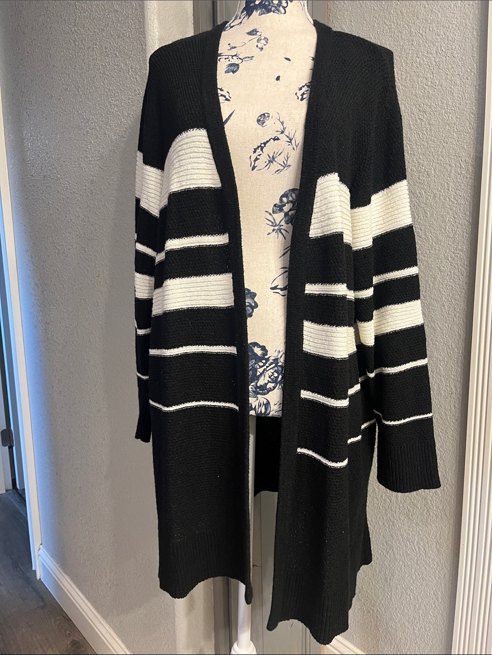 Calvin Klein Black and White Striped Open Cardigan